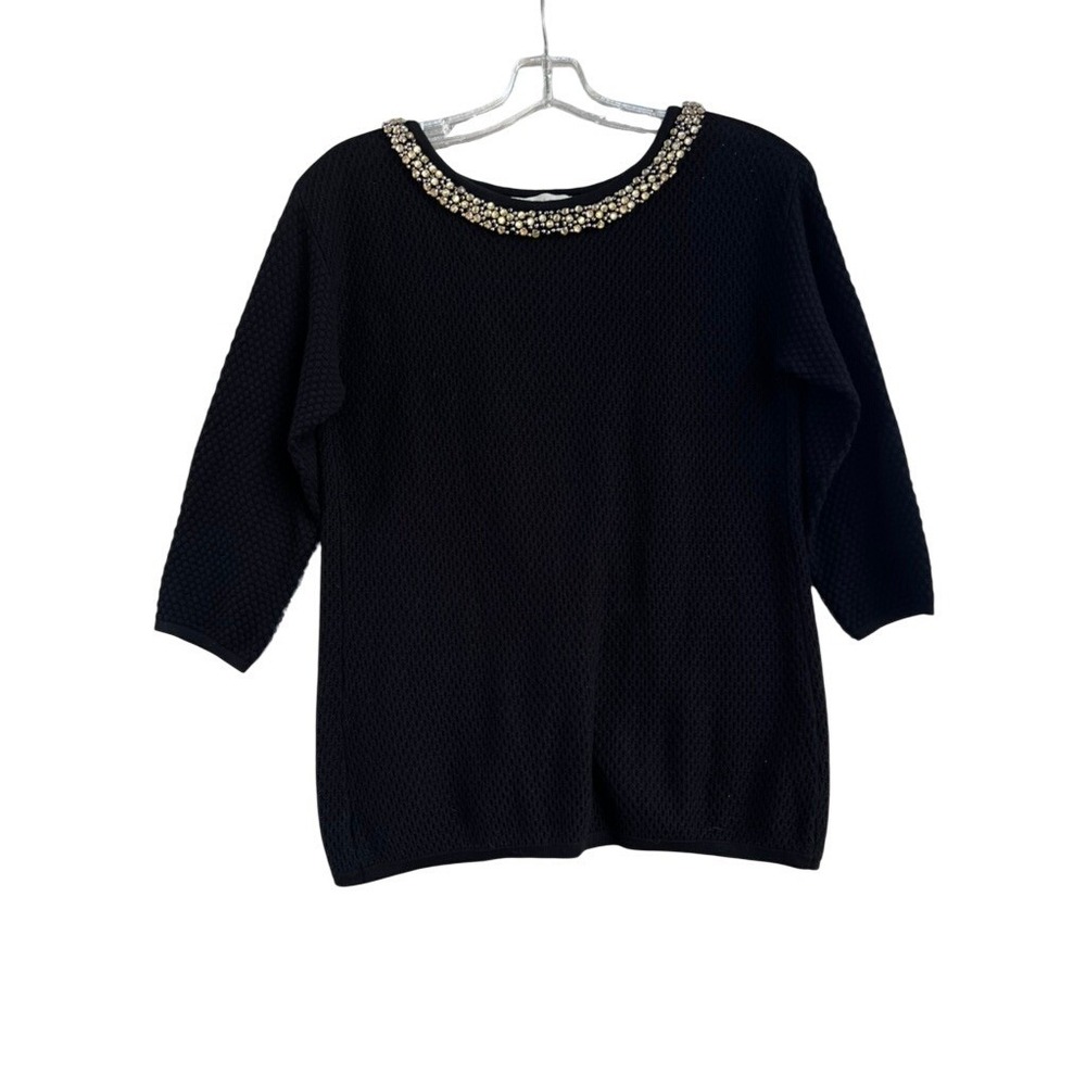 Hinge Black Embellished Neckline Tulip Split Back‎ Textured Sweater XS HL279880